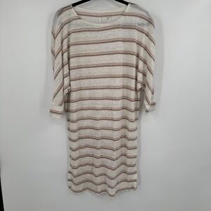 Garnet‎ Hill Linen Dress Women's Small White Brown Striped 3/4 Sleeve Round Neck